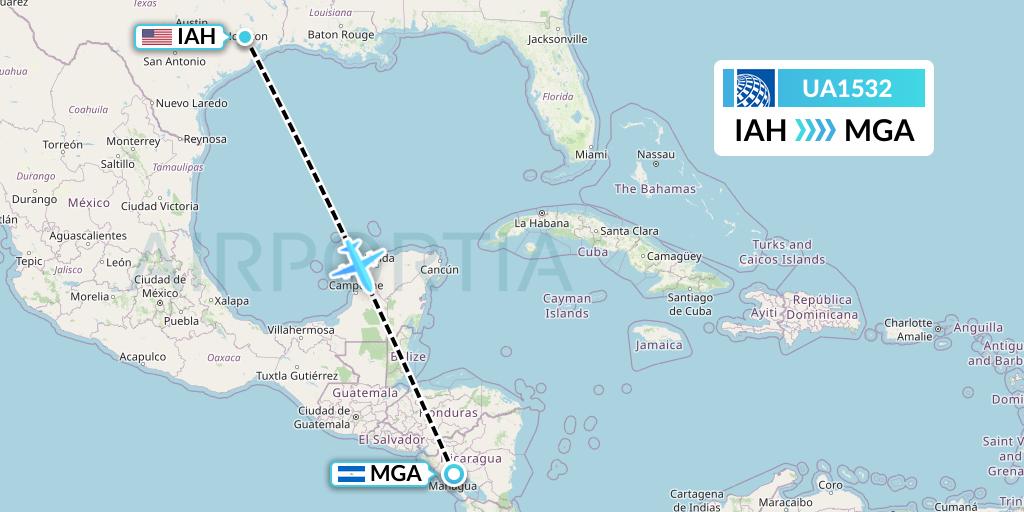 UA1532 United Airlines Flight Map: Houston to Managua