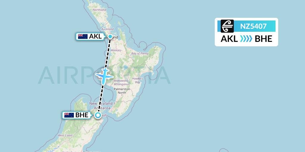 NZ5407 Air New Zealand Flight Map: Auckland to Blenheim