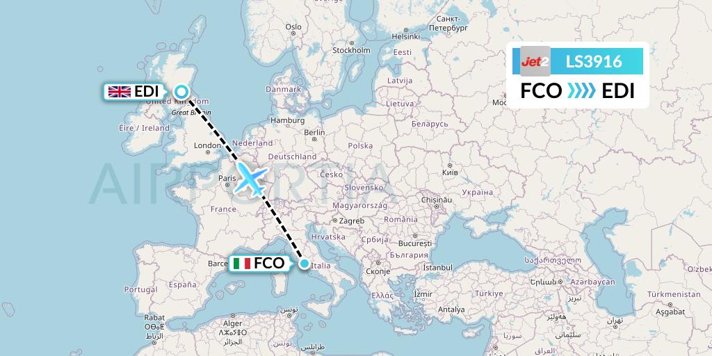 LS3916 Jet2 Flight Map: Rome to Edinburgh