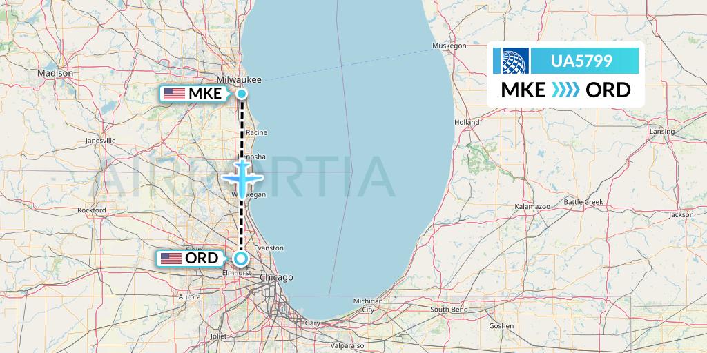 UA5799 United Airlines Flight Map: Milwaukee to Chicago