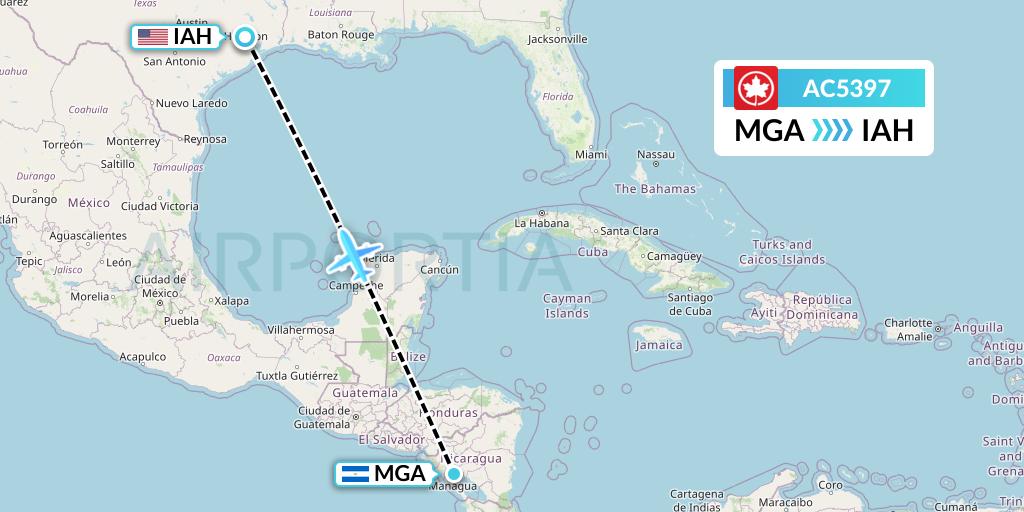 AC5397 Air Canada Flight Map: Managua to Houston