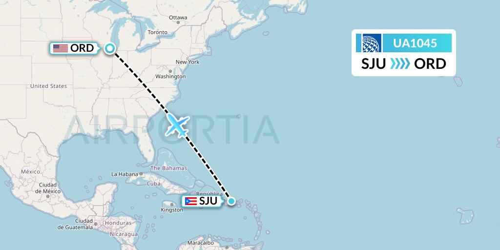 UA1045 United Airlines Flight Map: San Juan to Chicago