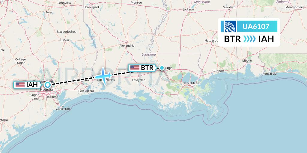 UA6107 United Airlines Flight Map: Baton Rouge to Houston