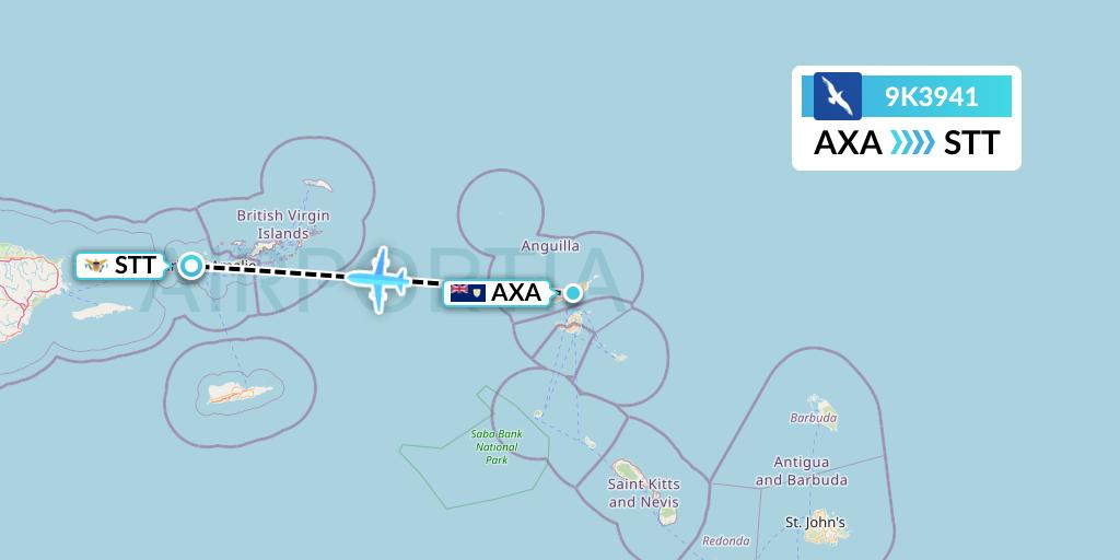 9K3941 Cape Air Flight Map: The Valley to St. Thomas