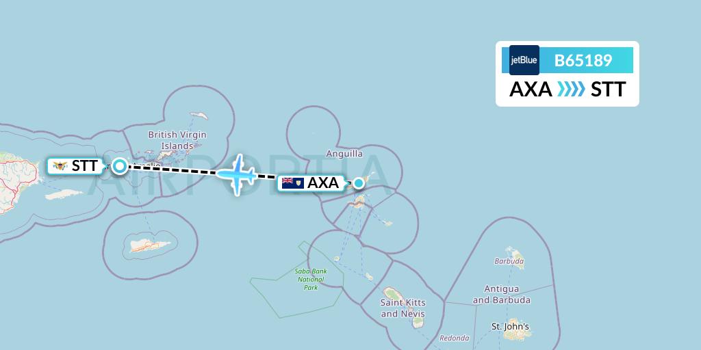 B65189 JetBlue Airways Flight Map: The Valley to St. Thomas