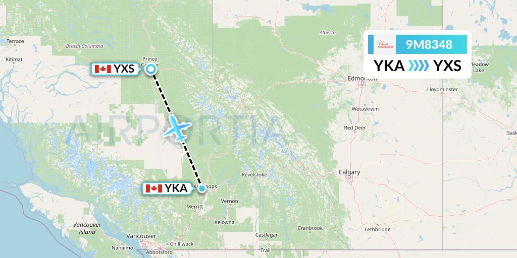 9M8348 Central Mountain Air Flight Map: Kamloops to Prince George