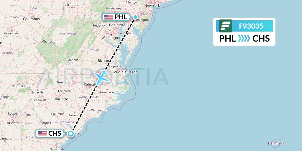 F93035 Frontier Airlines Flight Map: Philadelphia to Charleston