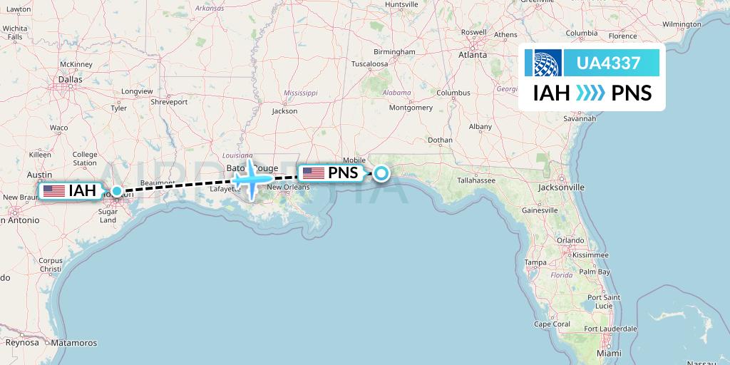 UA4337 United Airlines Flight Map: Houston to Pensacola