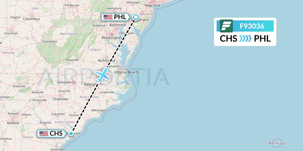 F93036 Frontier Airlines Flight Map: Charleston to Philadelphia