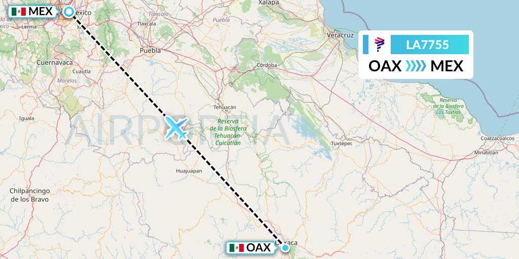 LA7755 LAN Airlines Flight Map: Oaxaca to Mexico City