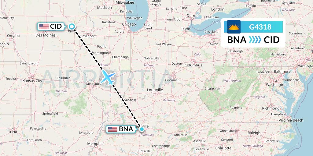 G4318 Allegiant Air Flight Map: Nashville to Cedar Rapids