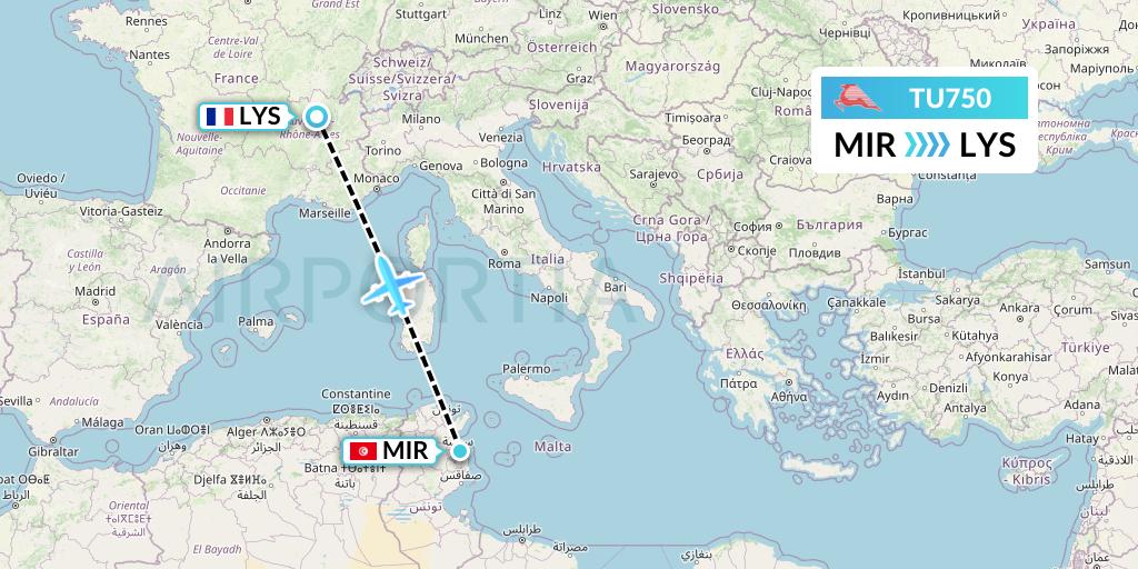 TU750 Tunisair Flight Map: Monastir to Lyon