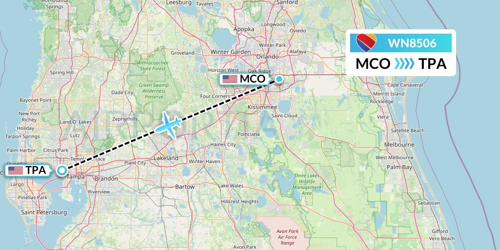 WN8506 Southwest Airlines Flight Map: Orlando to Tampa