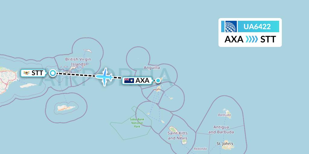 UA6422 United Airlines Flight Map: The Valley to St. Thomas