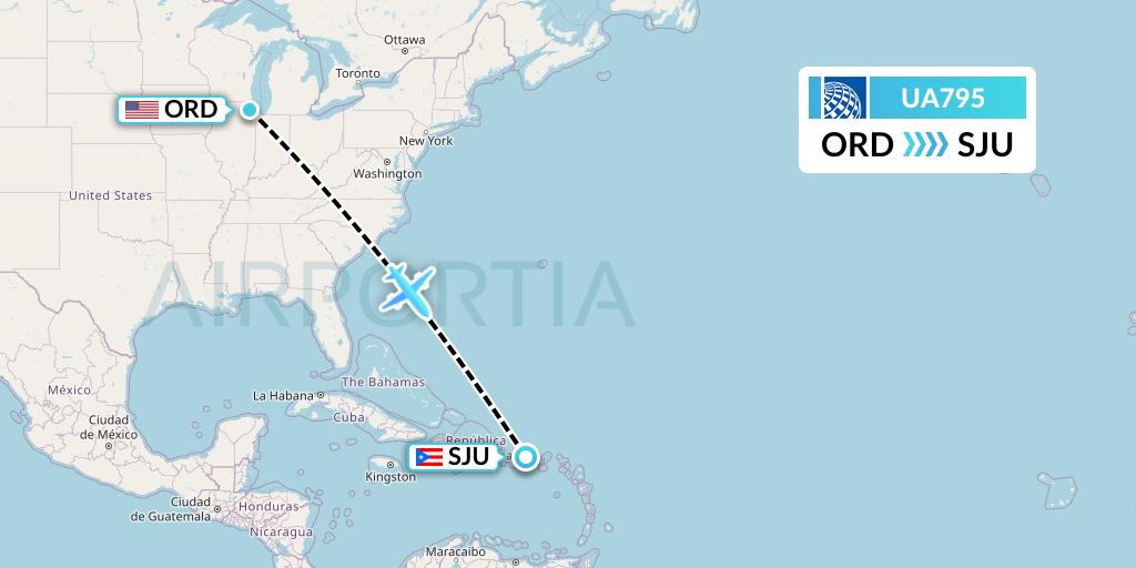 UA795 United Airlines Flight Map: Chicago to San Juan