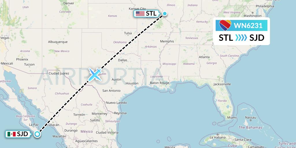 WN6231 Southwest Airlines Flight Map: St. Louis to San Jose del Cabo