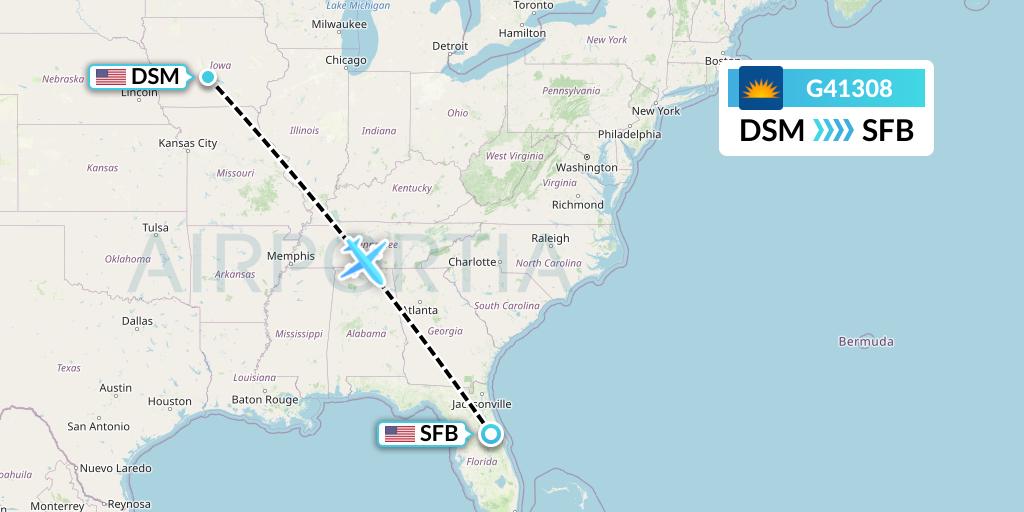 G41308 Allegiant Air Flight Map: Des Moines to Orlando