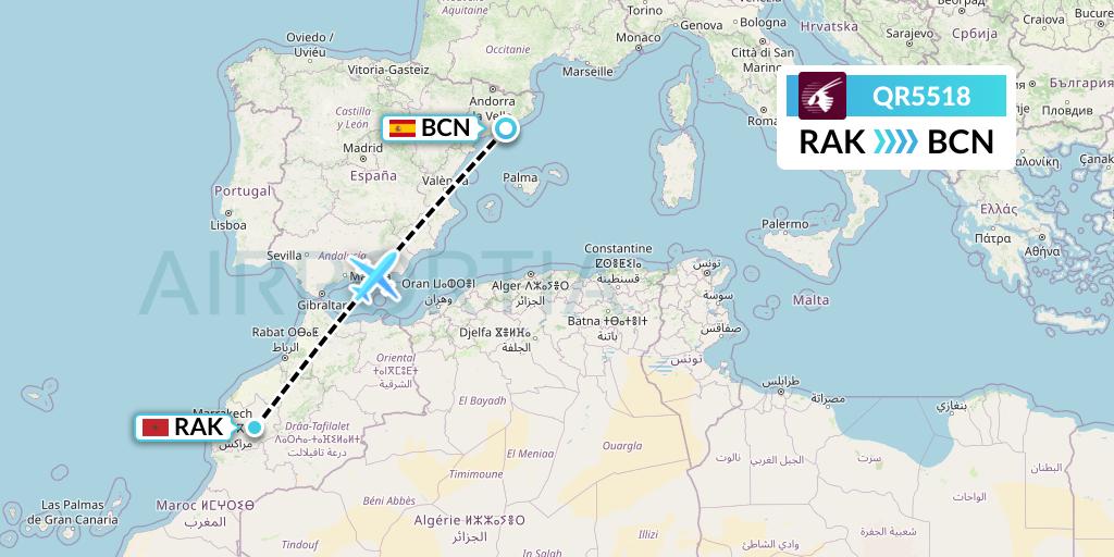 QR5518 Qatar Airways Flight Map: Marrakesh to Barcelona