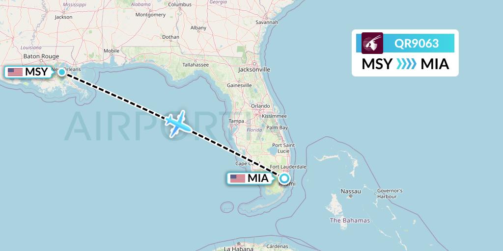QR9063 Qatar Airways Flight Map: New Orleans to Miami