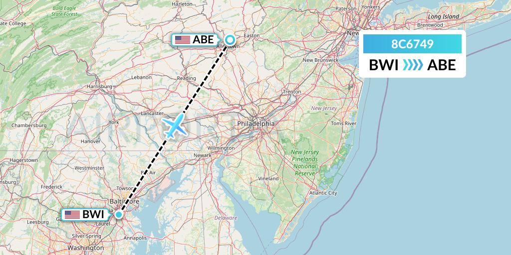 8C6749 Air Transport International Flight Map: Baltimore to Allentown