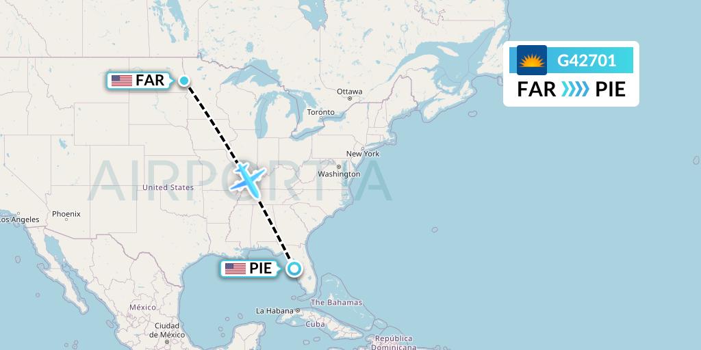 G42701 Allegiant Air Flight Map: Fargo to St. Petersburg