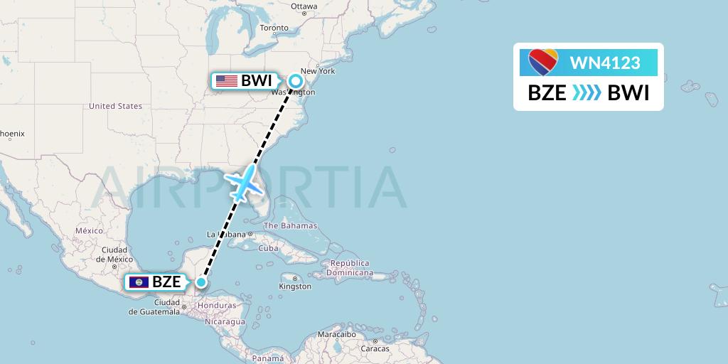 WN4123 Southwest Airlines Flight Map: Belize City to Baltimore