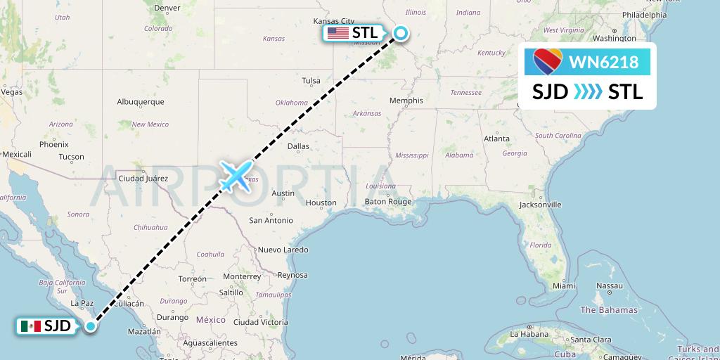 WN6218 Southwest Airlines Flight Map: San Jose del Cabo to St. Louis