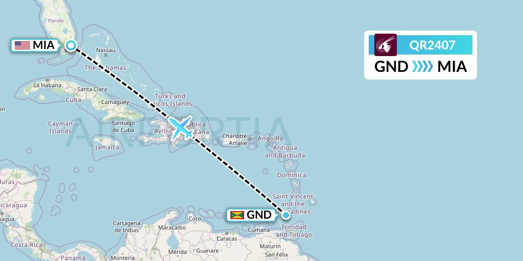 QR2407 Qatar Airways Flight Map: Point Salines to Miami