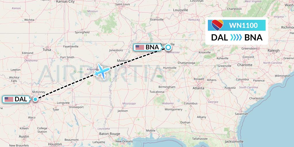 WN1100 Southwest Airlines Flight Map: Dallas to Nashville