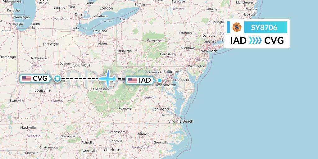 SY8706 Sun Country Airlines Flight Map: Washington to Cincinnati