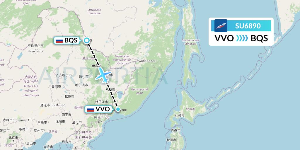SU6890 Aeroflot Flight Map: Vladivostok to Blagoveshchensk