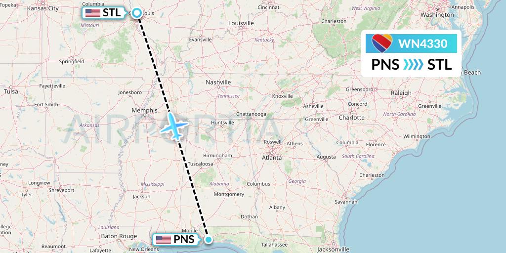 WN4330 Southwest Airlines Flight Map: Pensacola to St. Louis