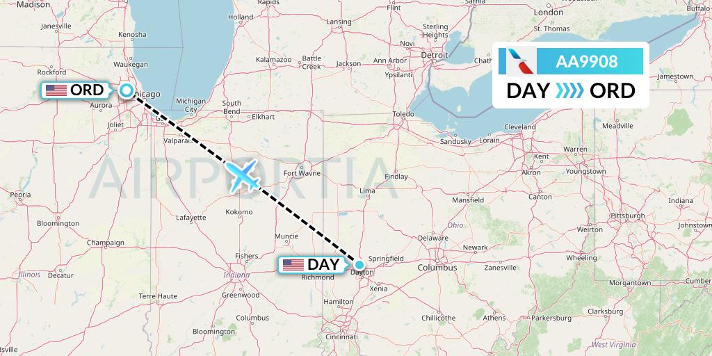 AA9908 American Airlines Flight Map: Dayton to Chicago