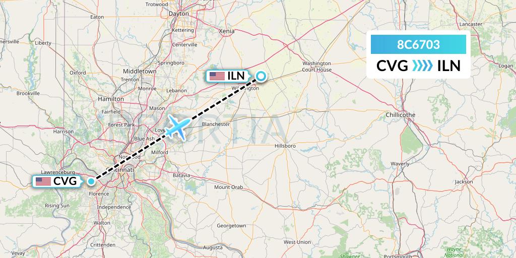 8C6703 Air Transport International Flight Map: Cincinnati to Wilmington