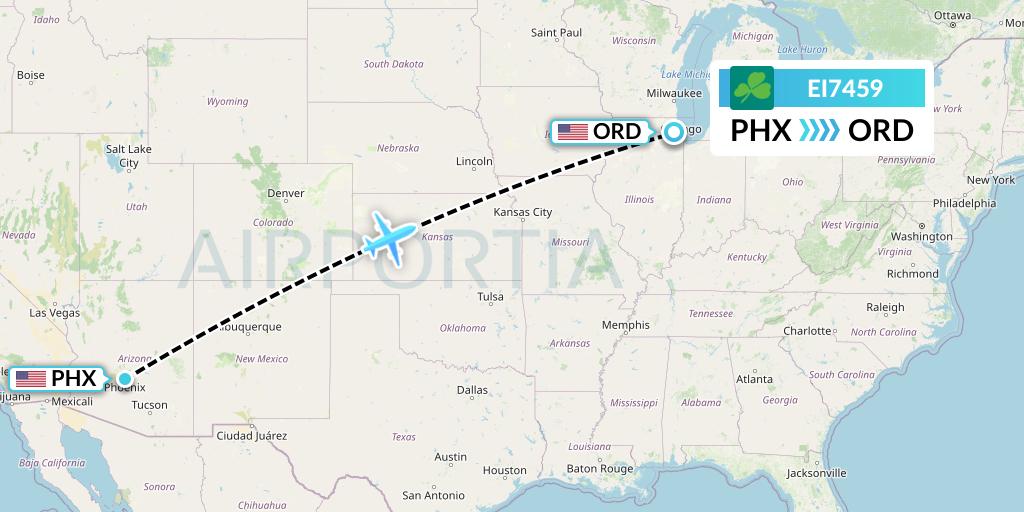 EI7459 Aer Lingus Flight Map: Phoenix to Chicago