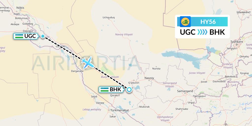 HY56 Uzbekistan Airways Flight Map: Urgench to Bukhara