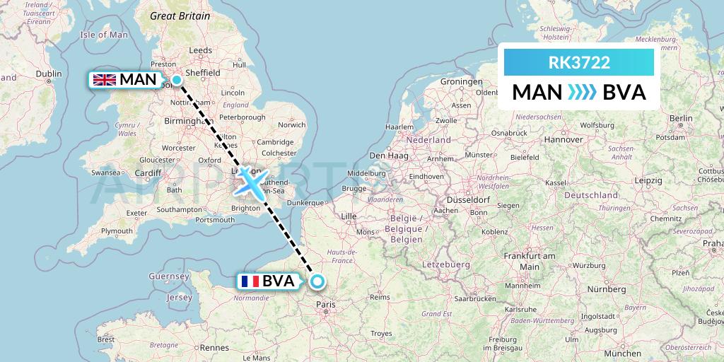 RK3722 Ryanair UK Flight Map: Manchester to Paris