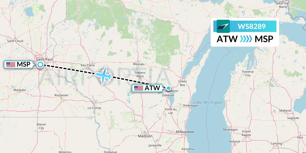 WS8289 WestJet Flight Map: Appleton to Minneapolis