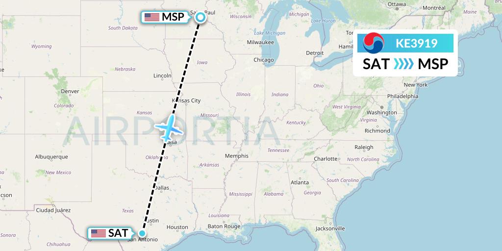 KE3919 Korean Air Flight Map: San Antonio to Minneapolis