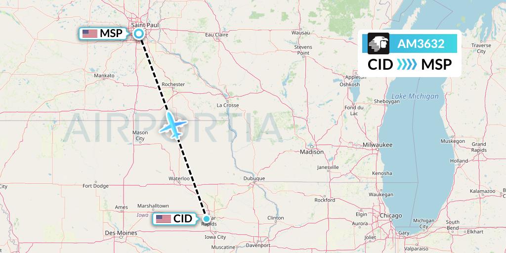 AM3632 Aeromexico Flight Map: Cedar Rapids to Minneapolis