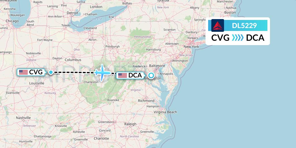 DL5229 Delta Air Lines Flight Map: Cincinnati to Washington