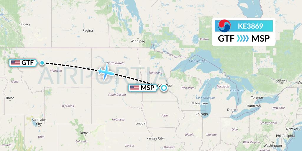 KE3869 Korean Air Flight Map: Great Falls to Minneapolis