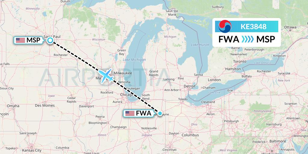 KE3848 Korean Air Flight Map: Fort Wayne to Minneapolis