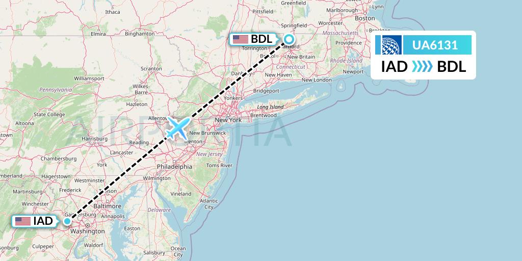 UA6131 United Airlines Flight Map: Washington to Windsor Locks