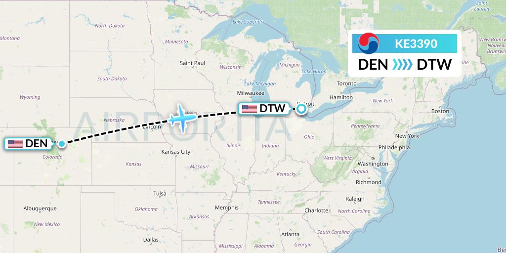 KE3390 Korean Air Flight Map: Denver to Detroit