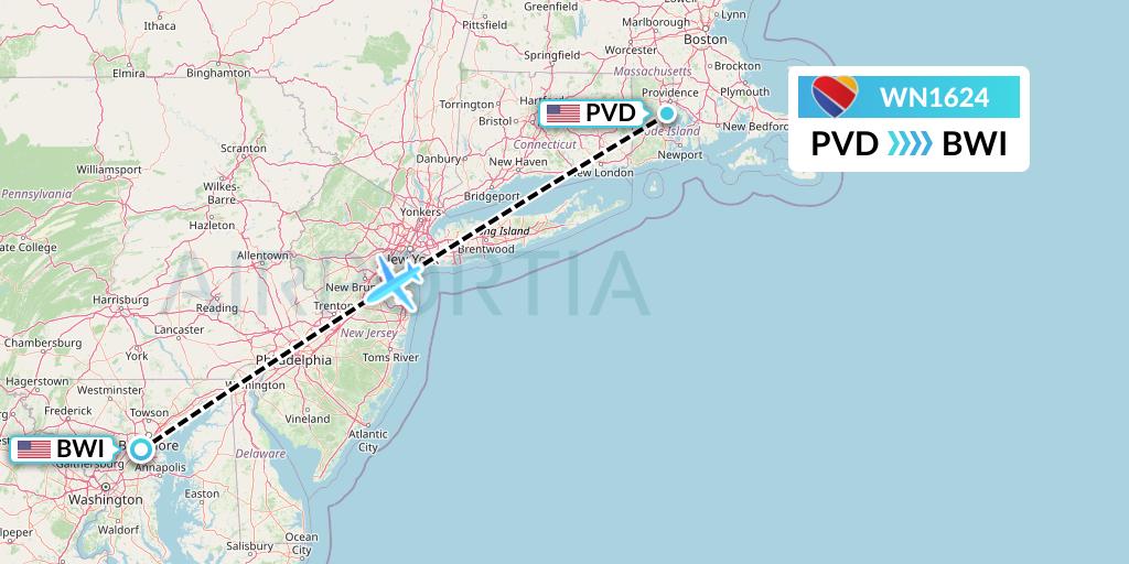WN1624 Southwest Airlines Flight Map: Providence to Baltimore