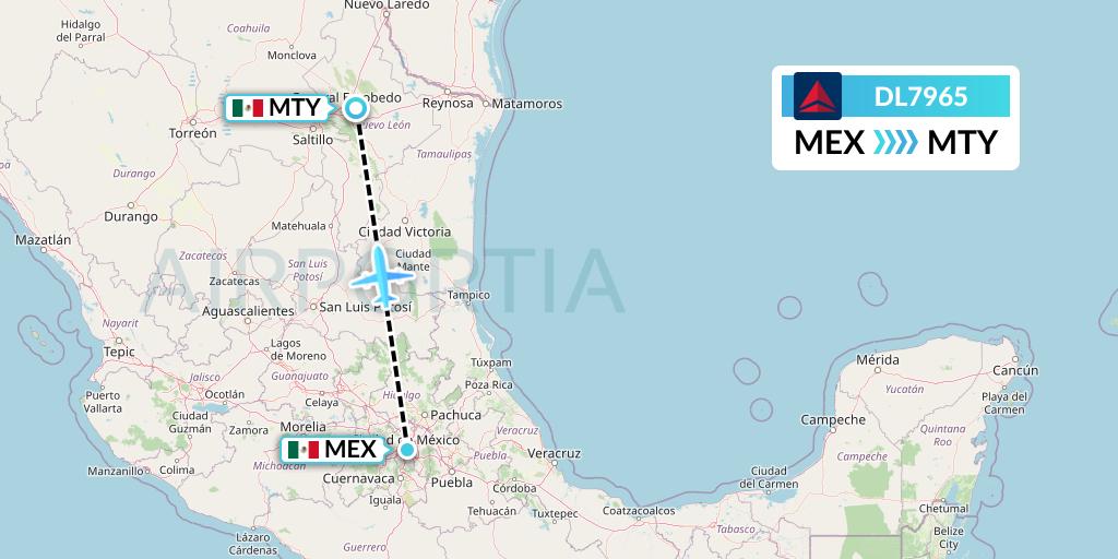 DL7965 Delta Air Lines Flight Map: Mexico City to Monterrey