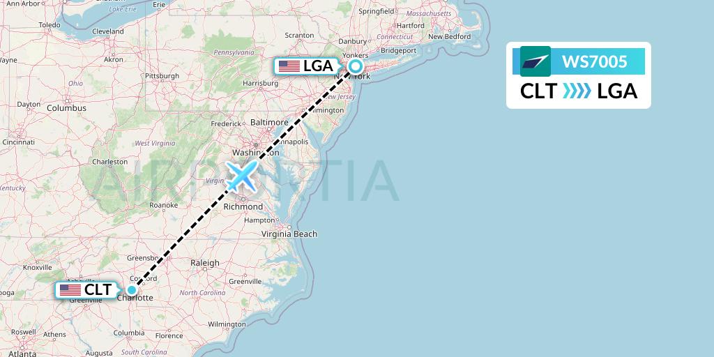 WS7005 WestJet Flight Map: Charlotte to New York