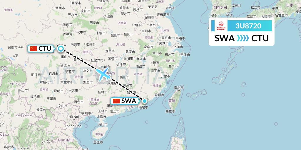 3U8720 Sichuan Airlines Flight Map: Jieyang to Chengdu
