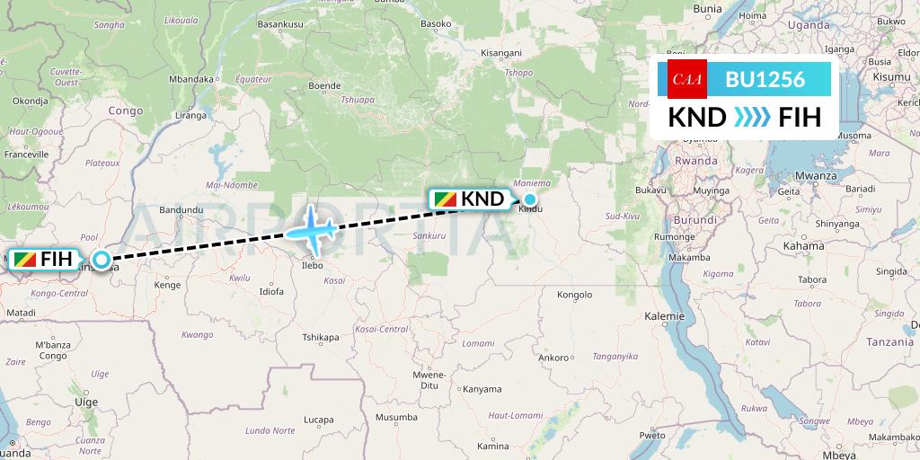 BU1256 flyCAA Flight Map: Kindu to Kinshasa